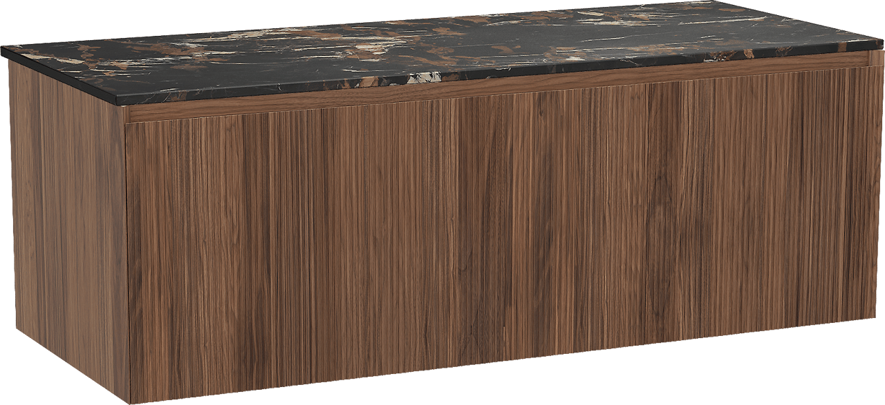 Balmani Fila zwevend badmeubel 135 x 55 cm notenhout met Stretto enkel of dubbel wastafelblad in marmer portoro gold, Verticale symmetrische rechte ribbel