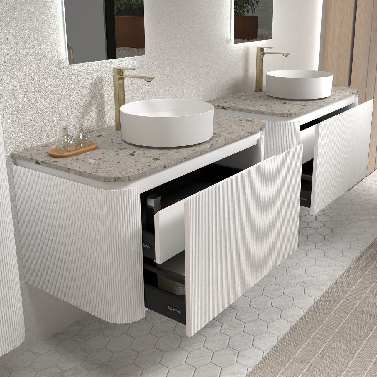 Balmani Moon meuble salle de bains suspendu 100 x 55 cm blanc mat avec Moon tablette simple en terrazzo greige terrazzo, Nervure droite symétrique verticale