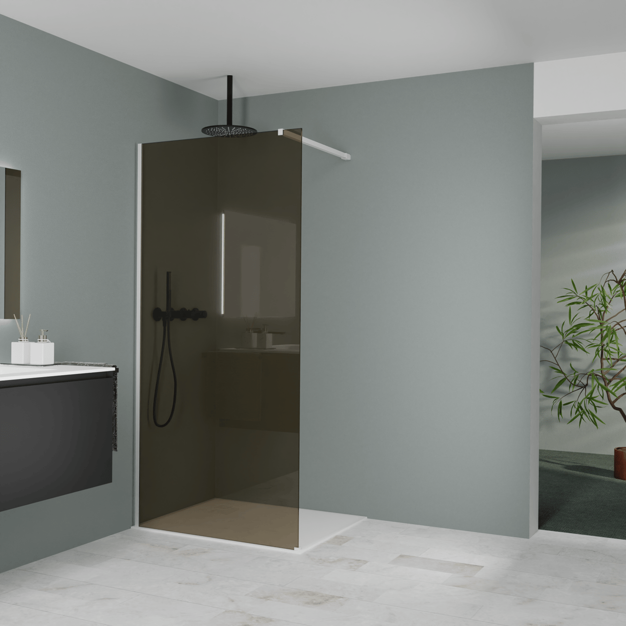 Balmani Modular inloopdouche: 100 x 200 cm, Brons glas, Mat witte profielen