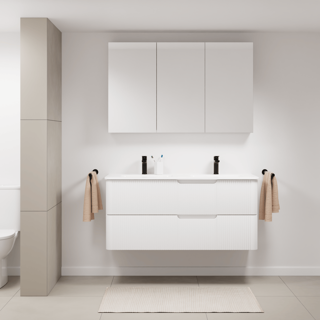 Linie Curvo zwevend badmeubel 120 x 46 cm hoogglans wit met Baro Curvo dubbele wastafel in porselein hoogglans wit, Verticale symmetrische ronde ribbel