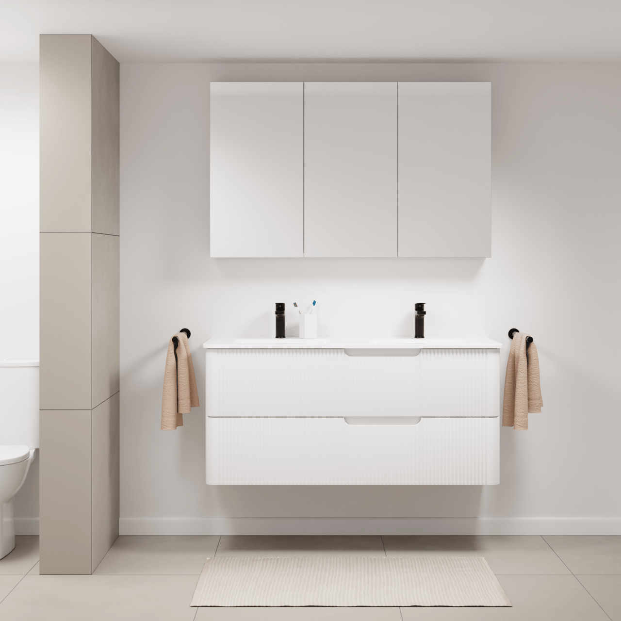 Linie Curvo zwevend badkamermeubel 120 x 46 cm glanzend wit met Baro Curvo dubbele wastafel in porselein glanzend wit, Verticale symmetrische ronde ribbel