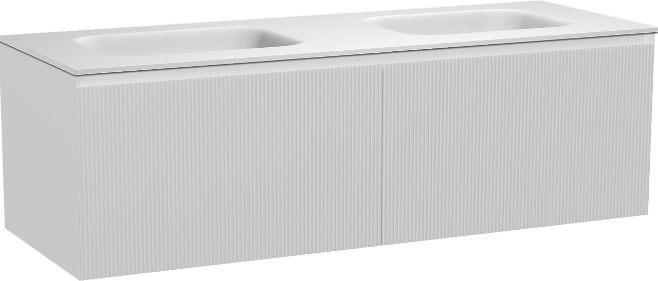 Balmani Fila zwevend badmeubel 150 x 55 cm mat wit met Tablo Arcato dubbele wastafel in solid surface mat wit, Verticale symmetrische rechte ribbel