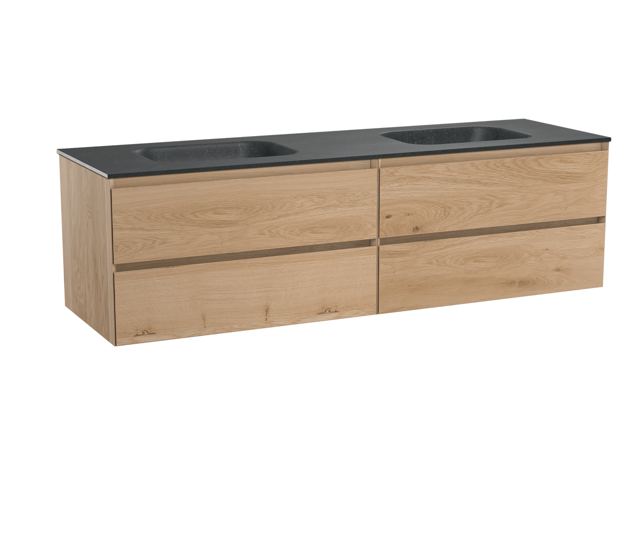 Balmani Mitra zwevend badkamermeubel 180 x 55 cm naturel eiken met Tablo Arcatto dubbele wastafel in verzoete graniet