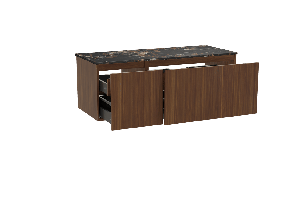 Balmani Sfera hängendes Möbelstück Set: 135 x 55 cm, Amerikanischer Nussbaum, mit Stretto Einzel- oder Doppel Waschtischplatte, Marmor Portoro Gold