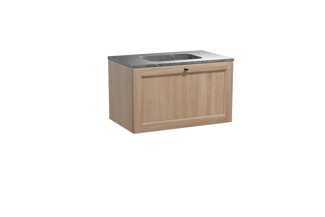 Balmani Lemon hängendes Möbelstück Set: 90 x 55 cm, Verwitterte Eiche, mit Tablo Arcato Einzelwaschtisch, Marmor Pietra Grey