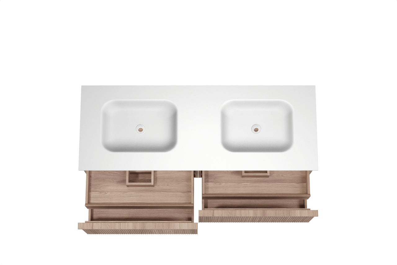 Balmani Forma meuble salle de bains suspendu 150 x 55 cm teck avec Tablo Arcato double vasque en solid surface blanc mat, Nervure droite symétrique verticale