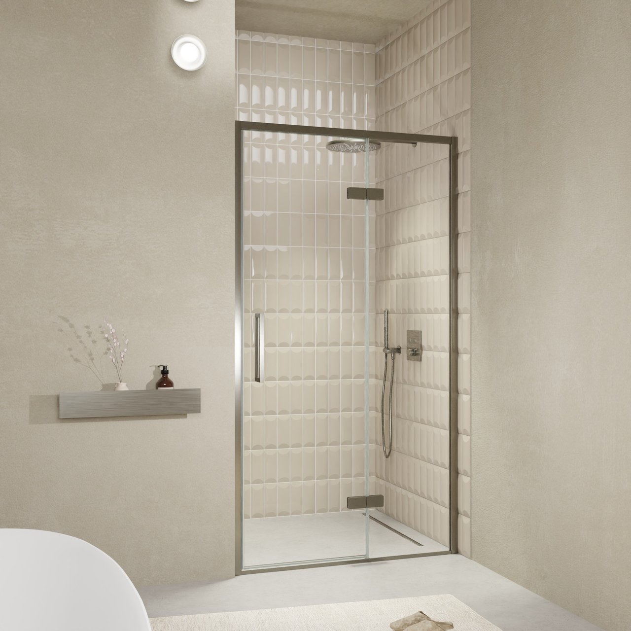 Balmani Senses Design Dusche Drehtür, Rechts, 120 cm x 210 cm, Klarglas, Profil Brushed GunMetal, inklusive Coating