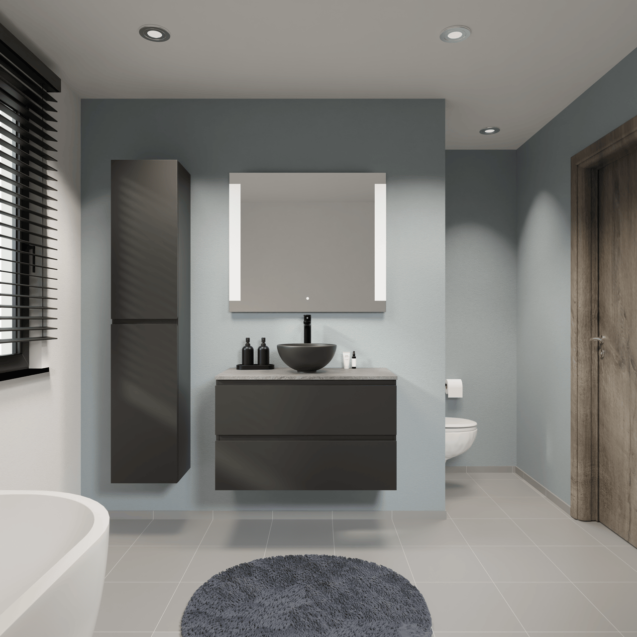 Linie Lado zwevend badkamermeubel 90 x 46 cm mat zwart met Lado enkel tablet in melamine leisteen grijs