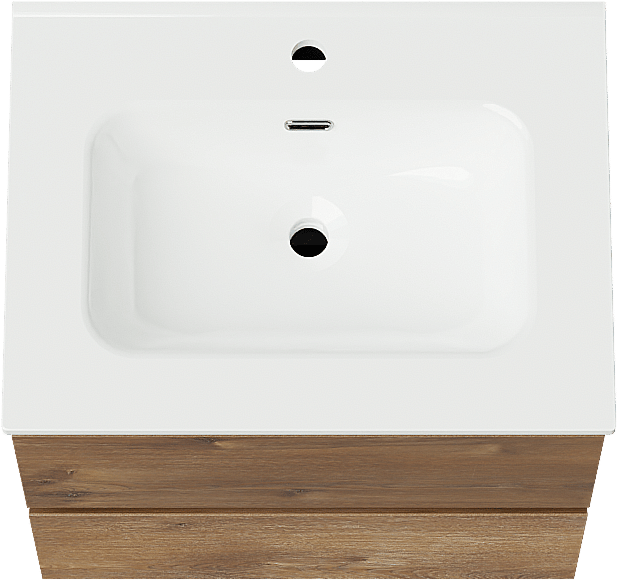 Linie Lado zwevend badmeubel 60 x 46 cm bruin eiken met Baro enkele wastafel in porselein hoogglans wit