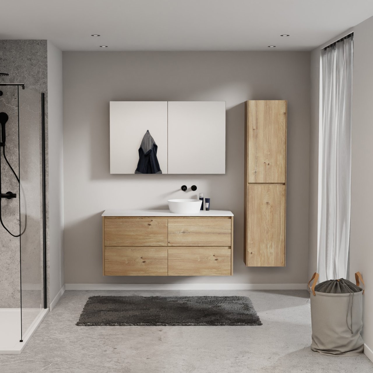 Storke Seda meuble salle de bains suspendu 130 x 52 cm chêne brut avec Tavola tablette simple ou double en solid surface blanc mat