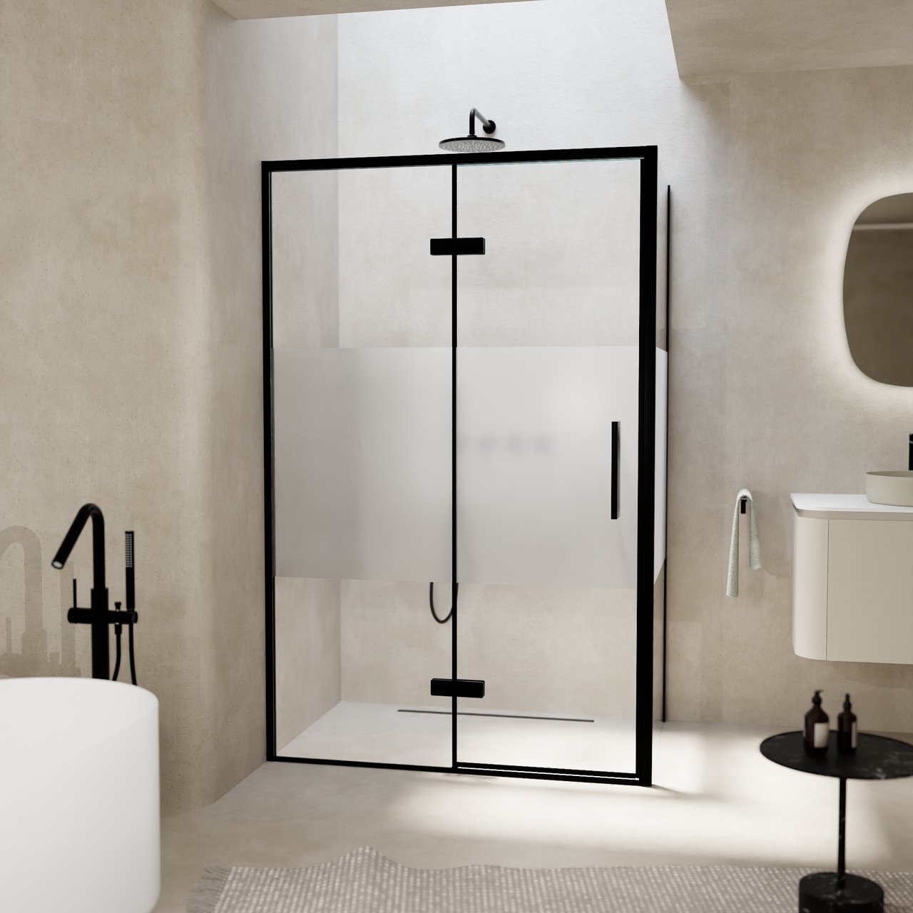 Balmani Senses Design Eckdusche: Drehtür (Links) mit fixierte Seitenwand, 120 x 100 cm, Klarglas mit mattiertem Streifen, Profil Schwarz