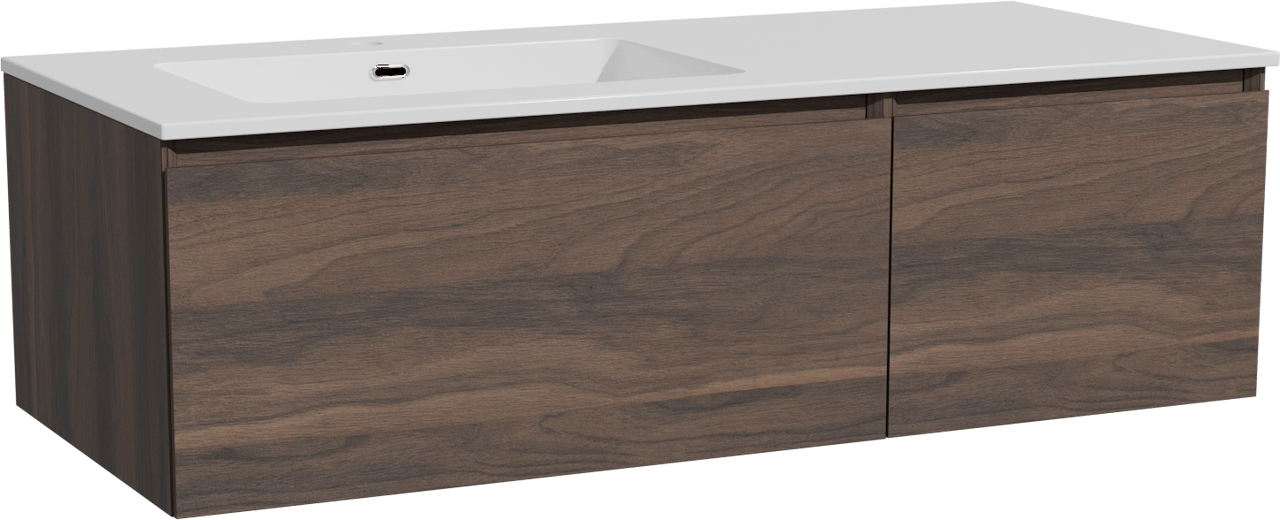 Storke Edge meuble salle de bains suspendu 120 x 52 cm noyer avec Diva vasque asymétrique gauche en marbre composite blanc brillant