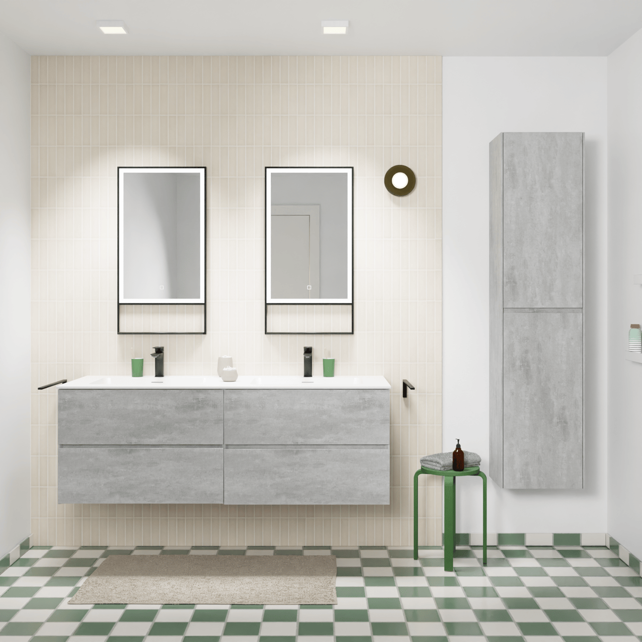 Storke Edge meuble salle de bains suspendu 150 x 52 cm béton gris foncé avec Mata double vasque en solid surface blanc mat