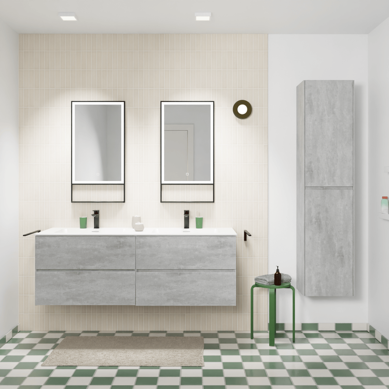 Storke Edge meuble salle de bains suspendu 150 x 52 cm béton gris foncé avec Mata double vasque en solid surface blanc mat