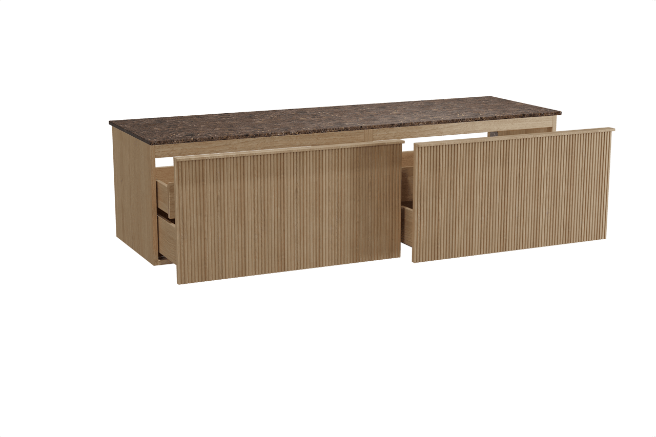 Balmani Forma hängendes Möbelstück Set: 180 x 55 cm, Naturbelassene Eiche, mit Stretto Einzel- oder Doppel Waschtischplatte, Marmor, Dark Emperador, Vertikale symmetrische gerade Rippe