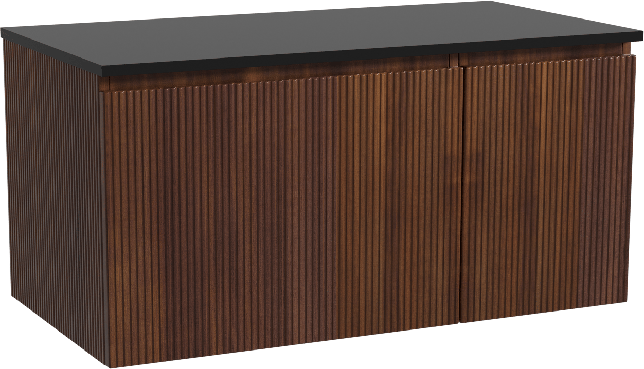 Storke Ribs zwevend badmeubel 100 x 52 cm notenhout met Panton enkel wastafelblad in gepoedercoate mdf mat zwart, Verticale symmetrische rechte ribbel