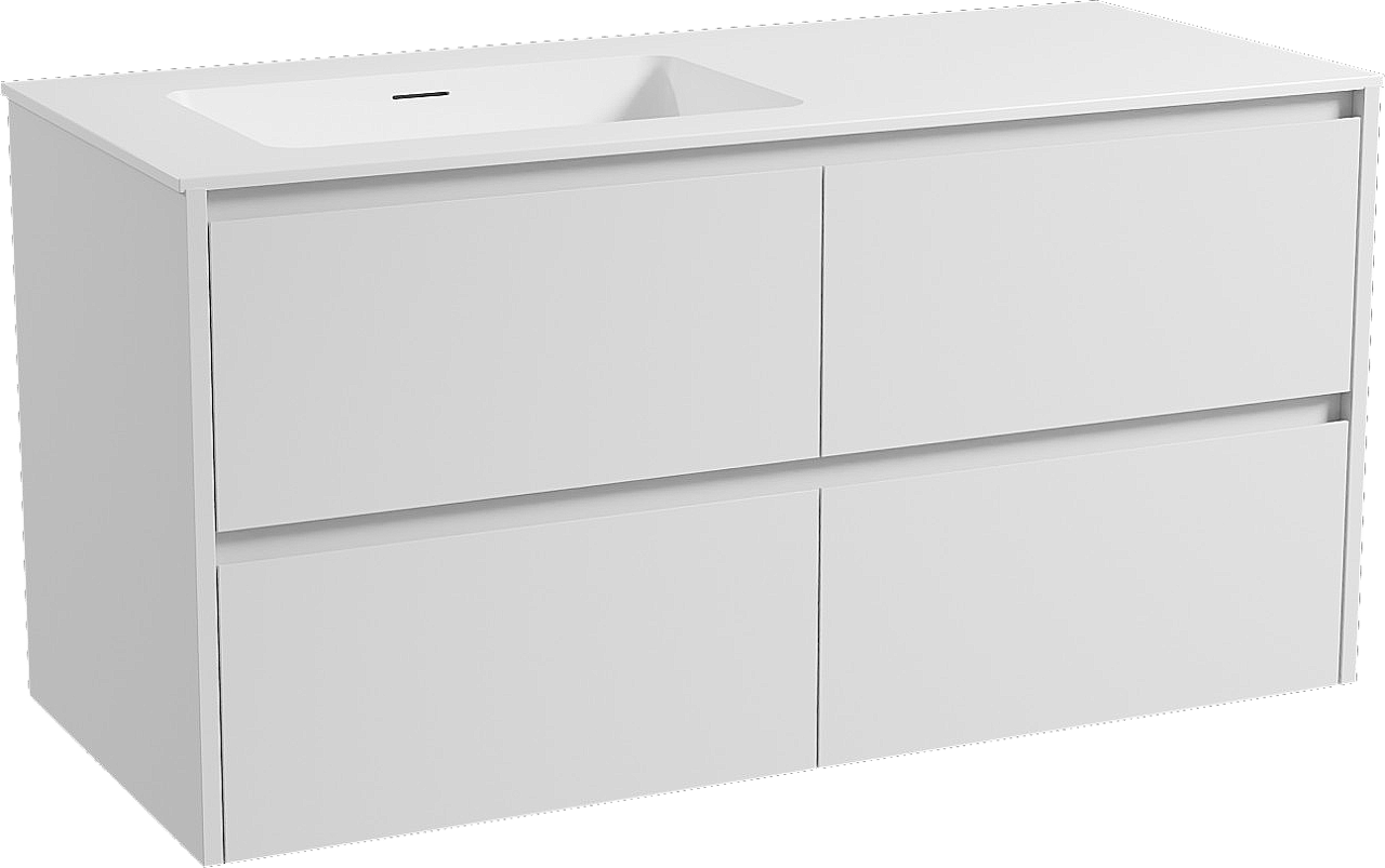 Storke Seda zwevend badkamermeubel 120 x 52 cm mat wit met Mata asymmetrisch linkse wastafel in solid surface mat wit