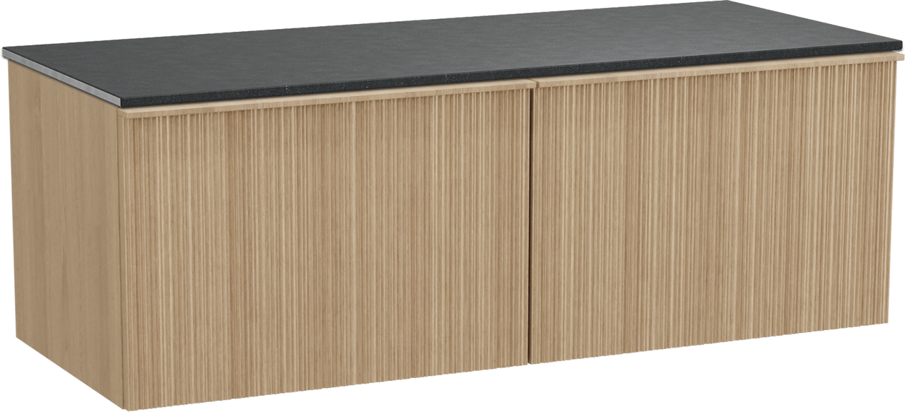 Balmani Forma hängendes Möbelstück Set: 135 x 55 cm, Naturbelassene Eiche, mit Stretto Einzel- oder Doppel Waschtischplatte, Granit, Schwarzes Granit, Vertikale asymmetrische Runde Rippe