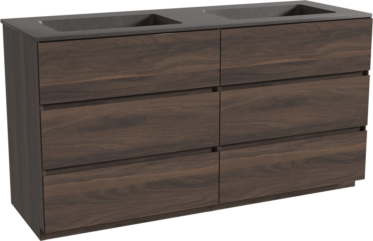 Storke Edge freistehendes Möbelstück Set: 150 x 52 cm, Nussbaum, mit Scuro Doppelwaschtisch, Quarz Schwarz matt