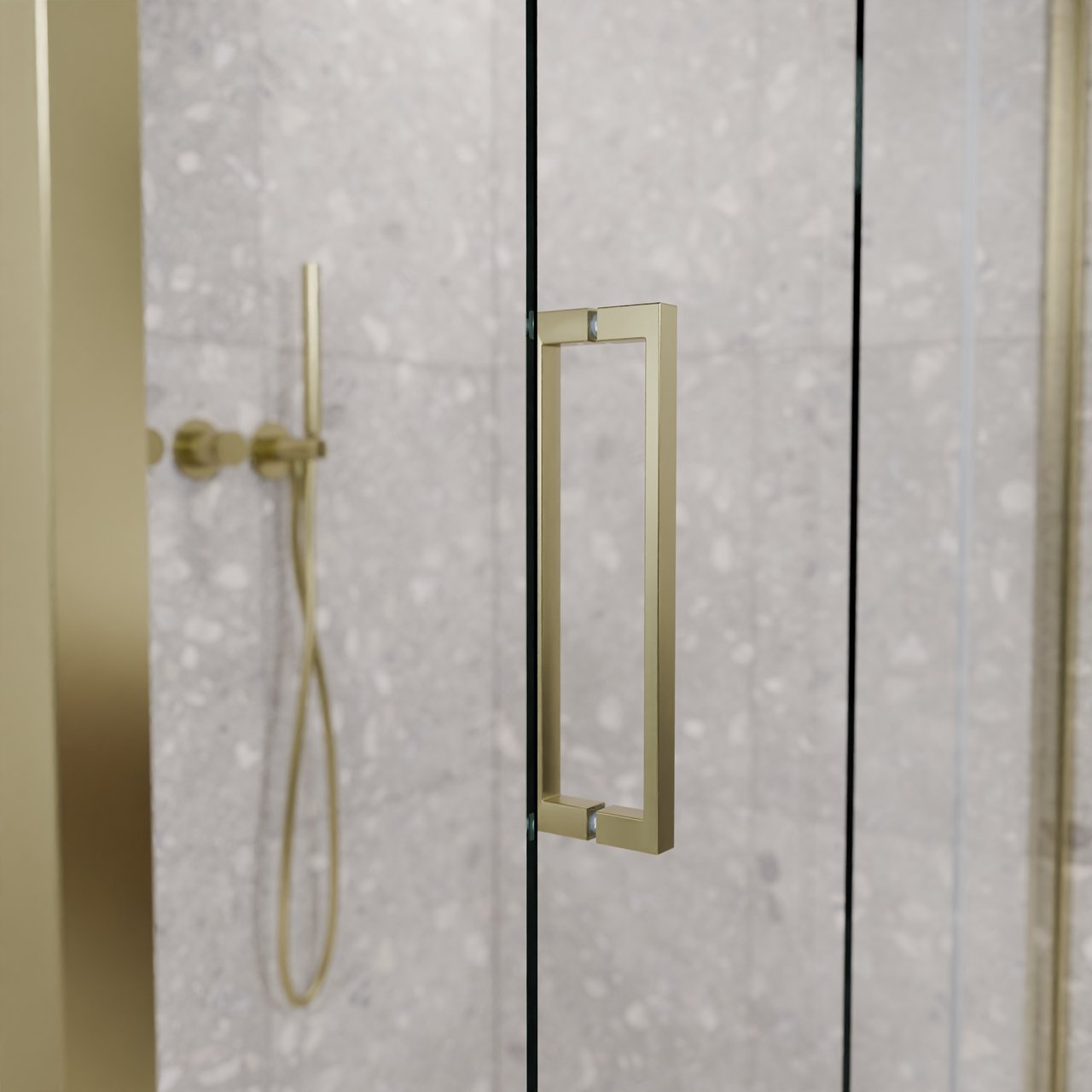 Balmani Senses Design douchehoek met rechtse schuifdeur en vaste zijwand, 180 x 80 cm, Helder glas, Brushed Champagne Gold profielen