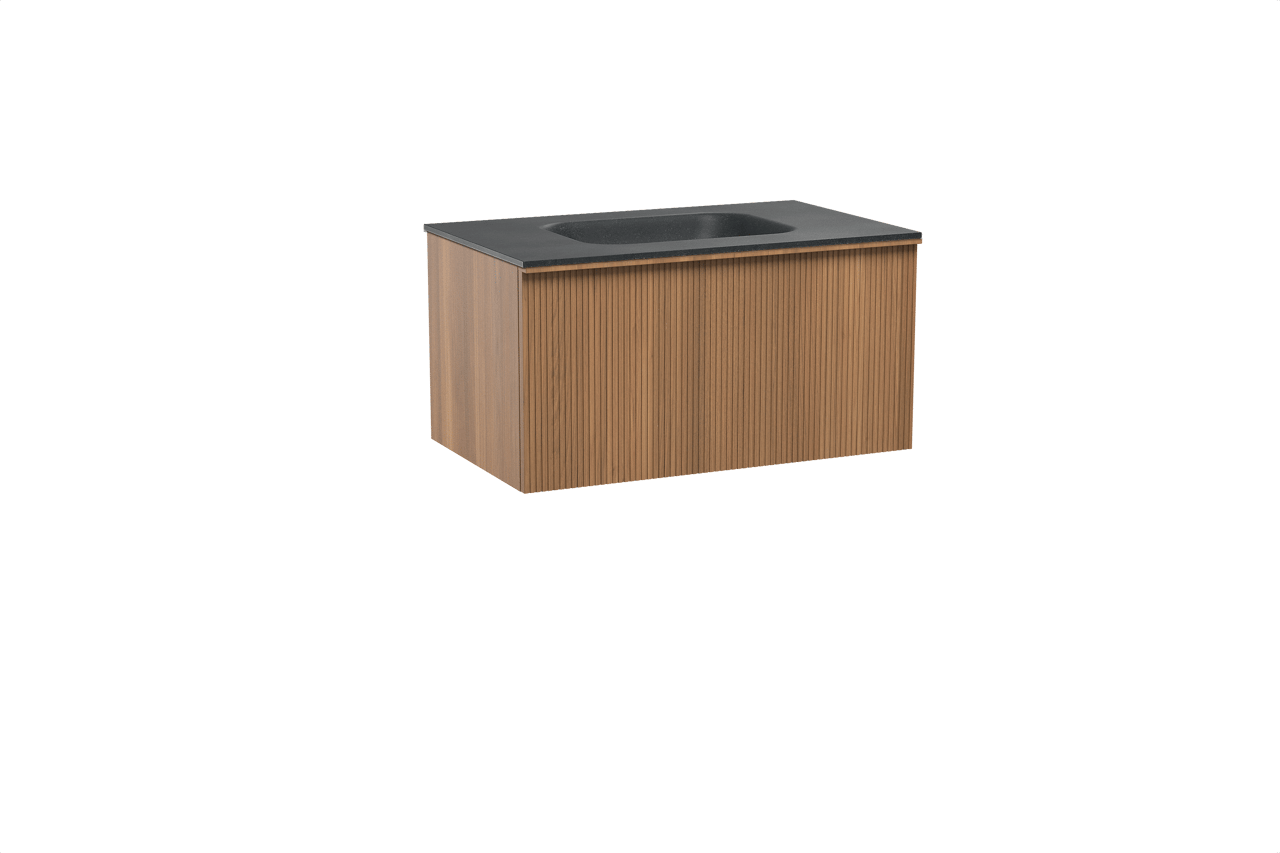 Balmani Forma hängendes Möbelstück Set: 90 x 55 cm, Teak, mit Tablo Arcato Einzelwaschtisch, Granit, Schwarzes Granit, Vertikale symmetrische gerade Rippe