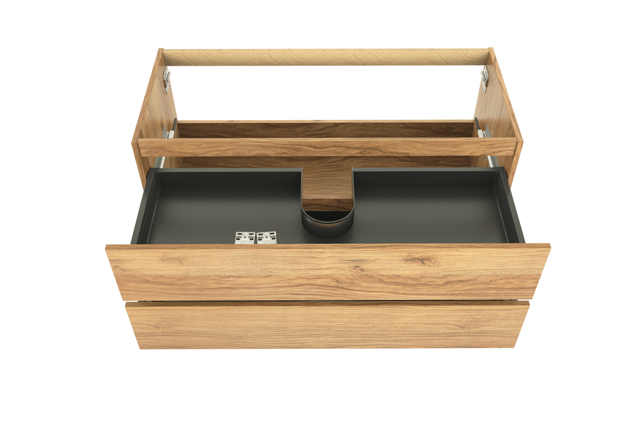 Balmani Lucida hängender Waschbeckenunterschrank: 120 x 55 cm, Teak, 2 Schubladen