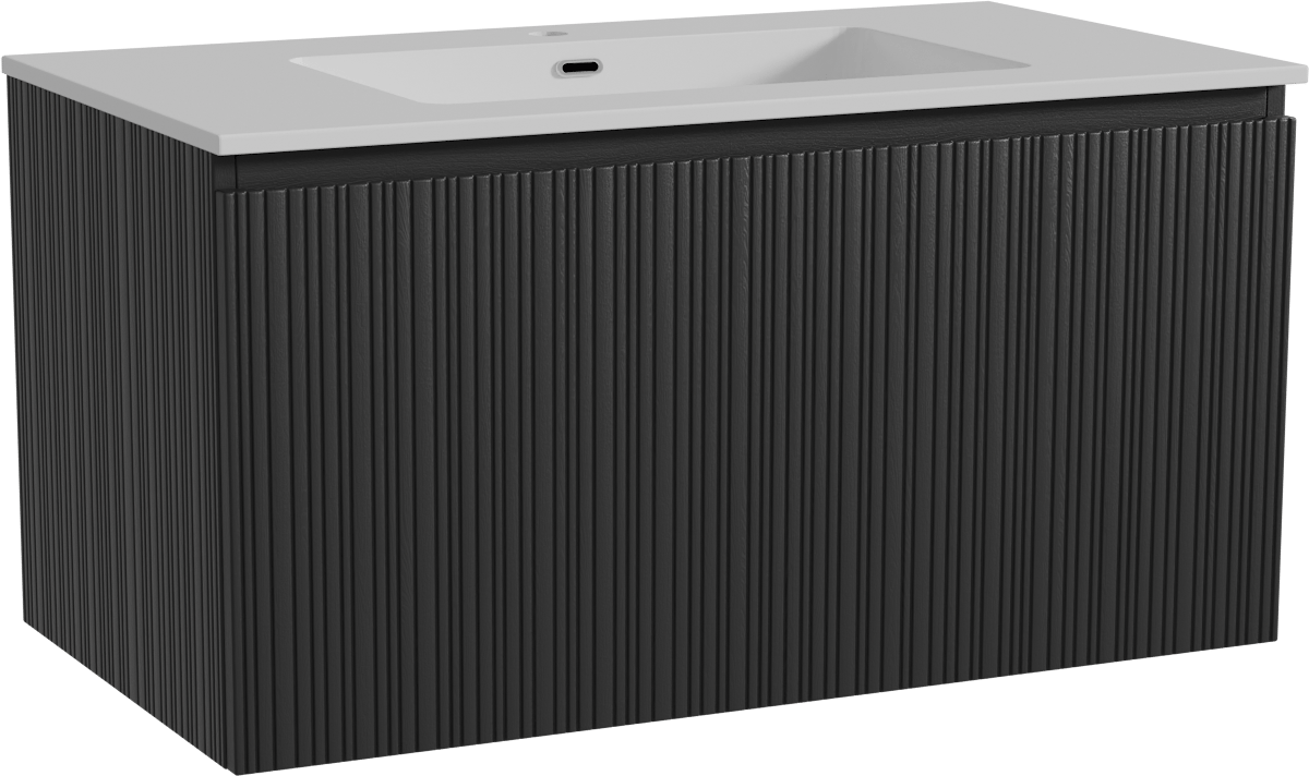 Storke Ribs meuble salle de bains suspendu 95 x 52 cm chêne noir avec Diva plan simple en marbre composite blanc brillant, Nervure droite asymétrique verticale