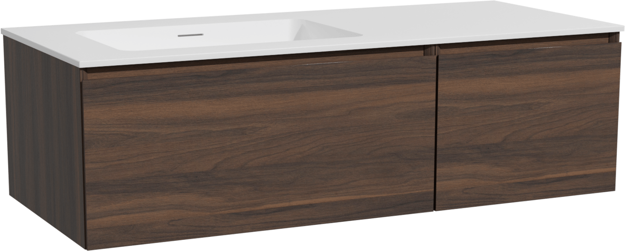 Storke Edge hängendes Möbelstück Set: 120 x 52 cm, Nussbaum, mit Mata Waschtisch links, Solid Surface Weiß matt