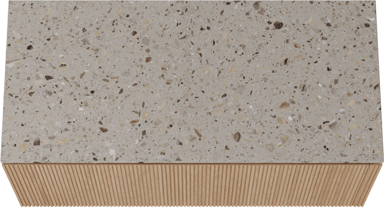 Balmani Eclips hängendes Möbelstück Set: 120 x 55 cm, Eiche Natur, mit Stretto Einzel- oder Doppel Waschtischplatte Greige Terrazzo, Vertikale symmetrische gerade Rippe