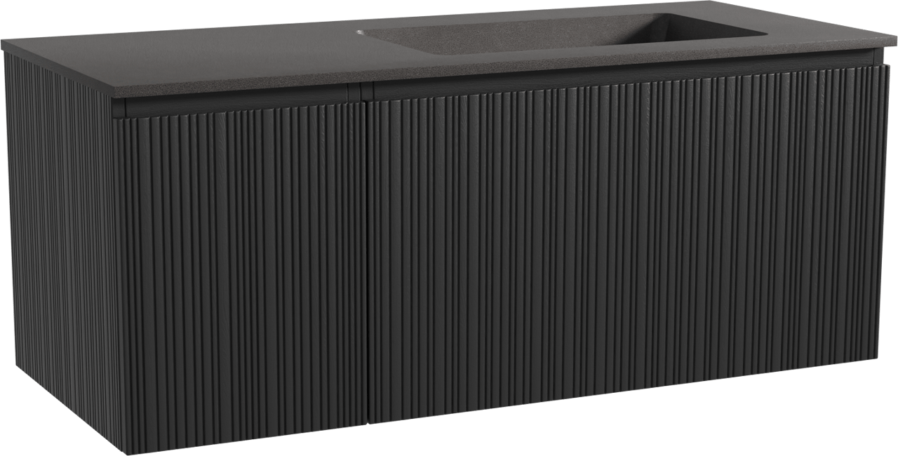 Storke Ribs meuble salle de bains suspendu 120 x 52 cm chêne noir avec Scuro vasque asymétrique droite en quartz noir mat, Nervure droite asymétrique verticale