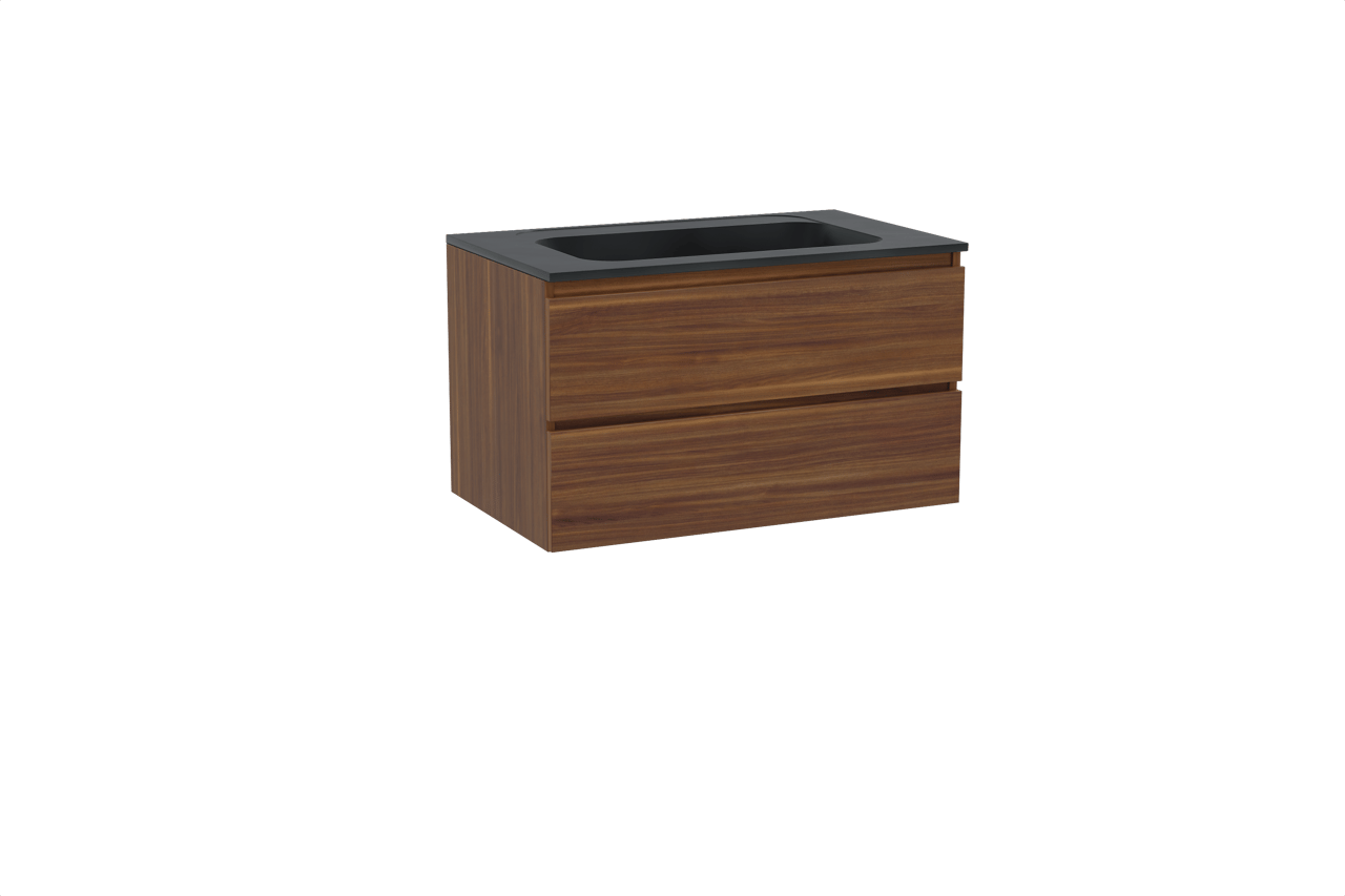 Balmani Lucida hängendes Möbelstück Set: 90 x 55 cm, Amerikanischer Nussbaum, mit Tablo Strada Einzelwaschtisch, Marmorkomposit Schwarz matt