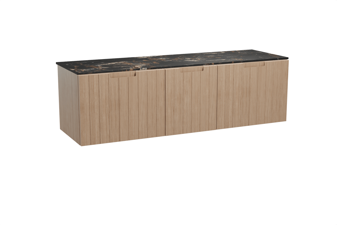 Balmani Adagio meuble salle de bains suspendu 180 x 55 cm chêne vieilli avec Stretto tablette simple ou double en marbre portoro gold