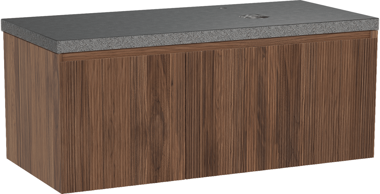 Balmani Fila hängendes Möbelstück Set: 120 x 55 cm, Nussbaum, mit Rock Waschtisch rechts, Granit, Schwarzes Granit, Vertikale symmetrische gerade Rippe