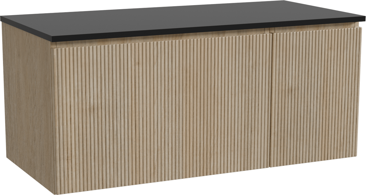 Storke Ribs zwevend badmeubel 110 x 52 cm ruw eiken met Panton enkel wastafelblad in gepoedercoate mdf mat zwart, Verticale symmetrische rechte ribbel