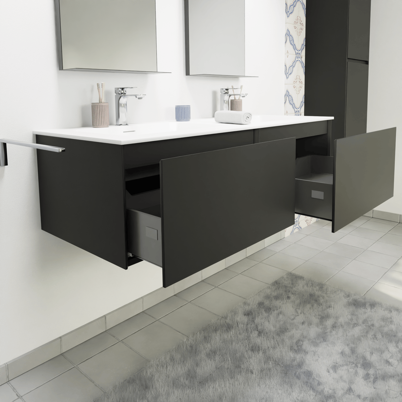 Storke Edge meuble salle de bains suspendu 130 x 52 cm noir mat avec Mata double vasque en solid surface blanc mat