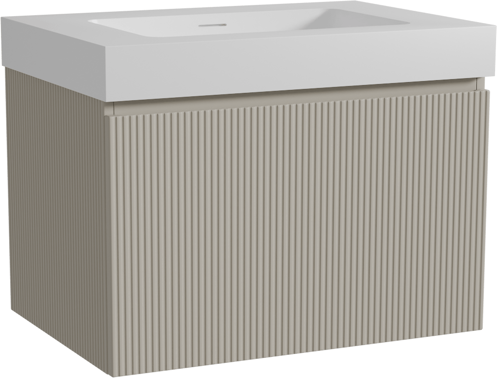 Storke Ribs zwevend badmeubel 75 x 52 cm zijdegrijs met Mata High enkele wastafel in solid surface mat wit, Verticale symmetrische rechte ribbel