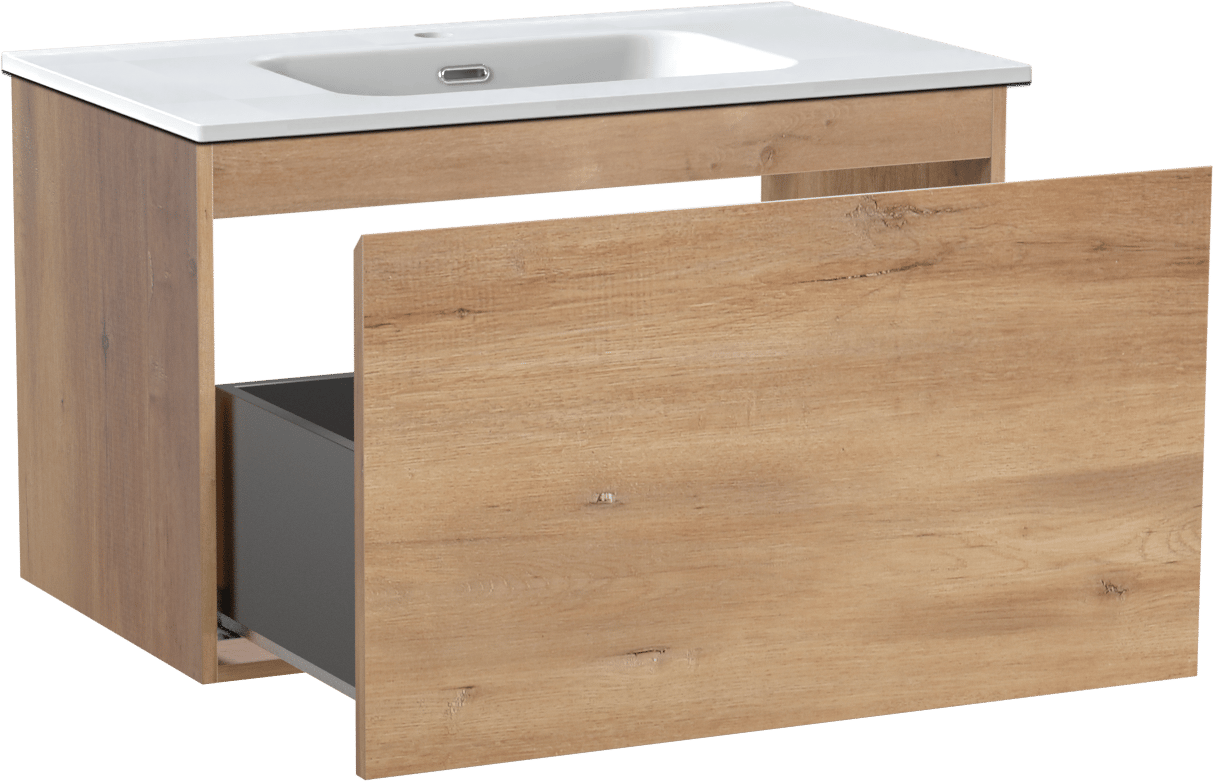 Linie Lado meuble salle de bains suspendu 80 x 46 cm chêne naturel avec Baro plan simple en porcelaine blanc mat