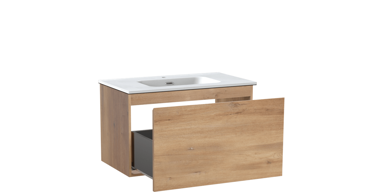 Linie Lado zwevend badkamermeubel 80 x 46 cm natuur eik met Baro enkele wastafel in porselein mat wit