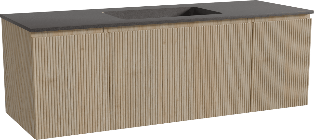 Storke Ribs zwevend badmeubel 145 x 52 cm ruw eiken met Scuro enkele wastafel in kwarts mat zwart, Verticale symmetrische rechte ribbel
