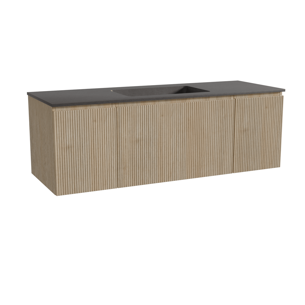 Storke Ribs zwevend badkamermeubel 145 x 52 cm ruwe eik met Scuro enkele wastafel in kwarts mat zwart, Verticale symmetrische rechte ribbel