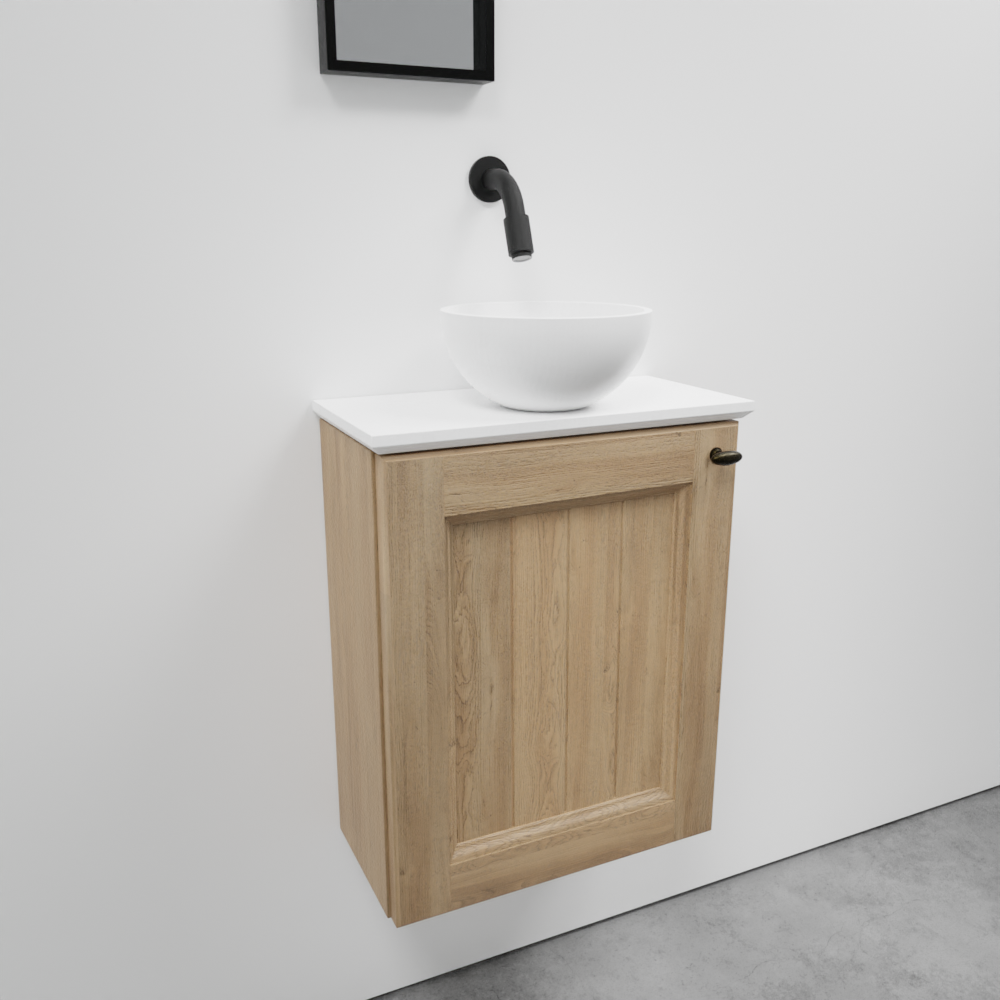 Balmani Lemon zwevend toiletmeubel 42 x 21 cm verweerd eiken met Facetta wastafelblad en Jazz waskom in matte Solid Surface