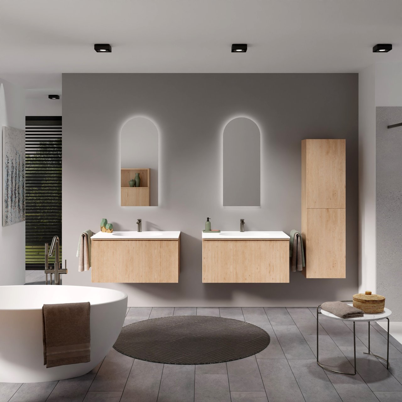 Balmani Forma hängendes Möbelstück Set: 90 x 55 cm, Naturbelassene Eiche, mit Tablo Oval Einzelwaschtisch, Solid Surface, Weiß matt, Vertikale symmetrische gerade Rippe