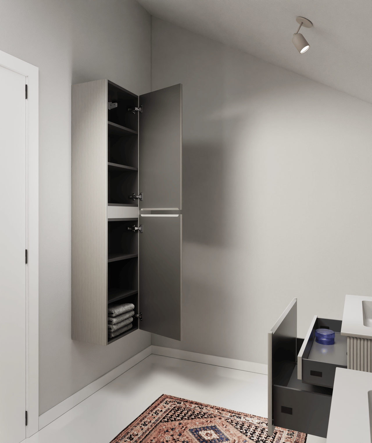 Storke Ribs Badhochschrank: Hängend, Seidengrau, 40 x 30 x 170 cm