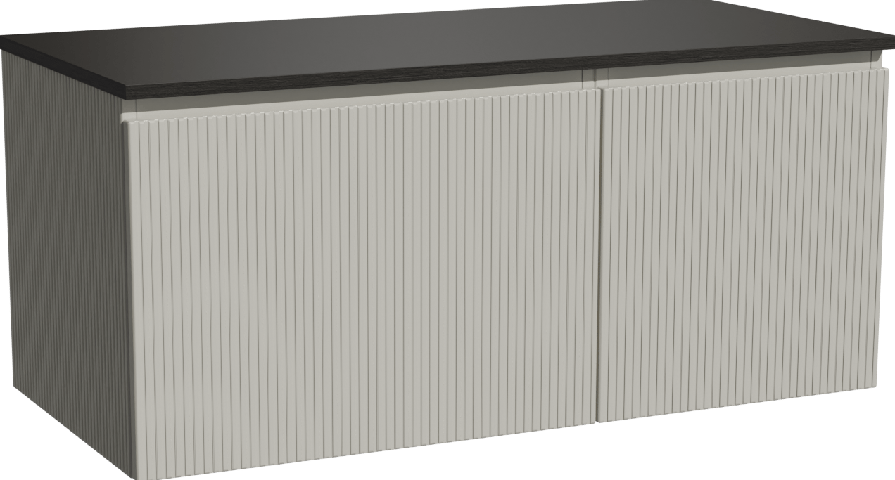 Storke Ribs zwevend badmeubel 110 x 52 cm zijdegrijs met Panton enkel wastafelblad in gepoedercoate mdf mat zwart, Verticale symmetrische rechte ribbel