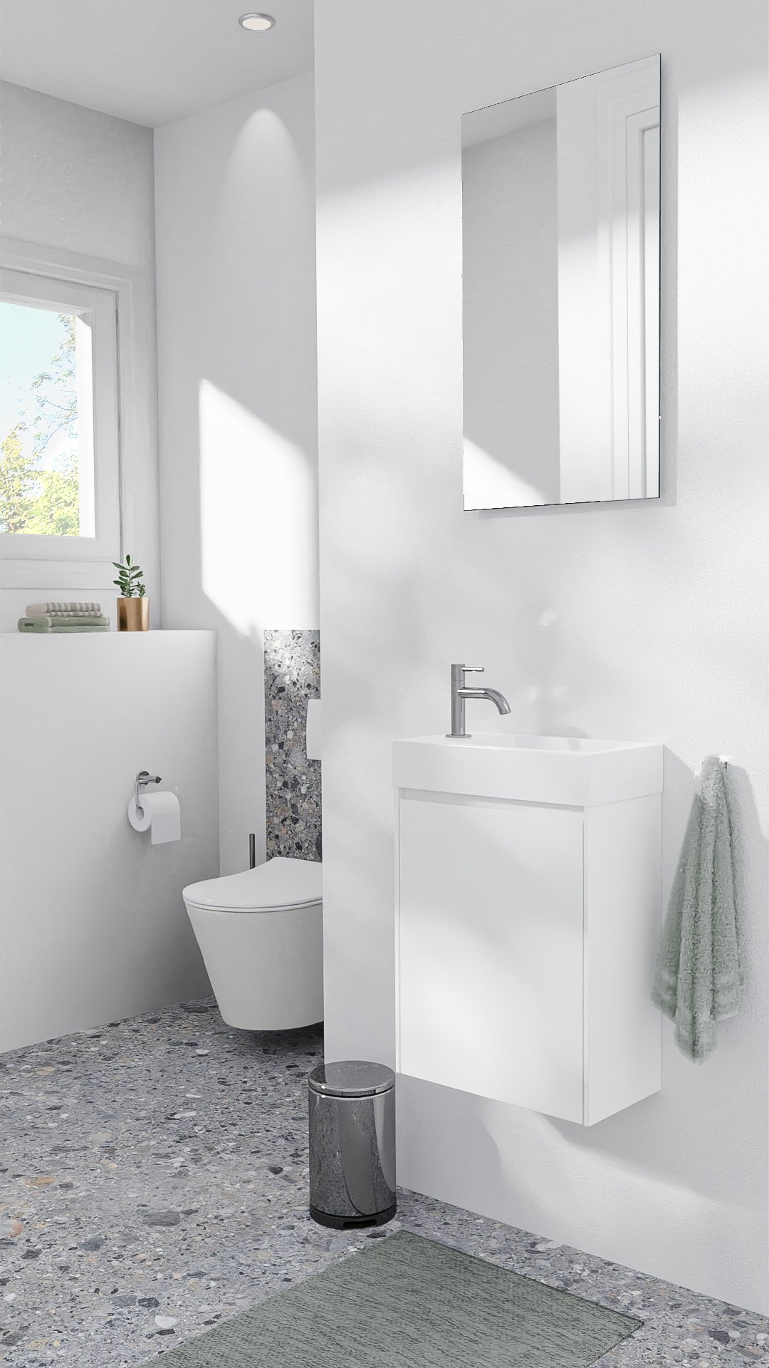 Storke Edge hängendes WC-Möbel-Set, 40 x 22 cm, weiß matt, mit Vida Waschtisch in glänzendem Marmorkomposit