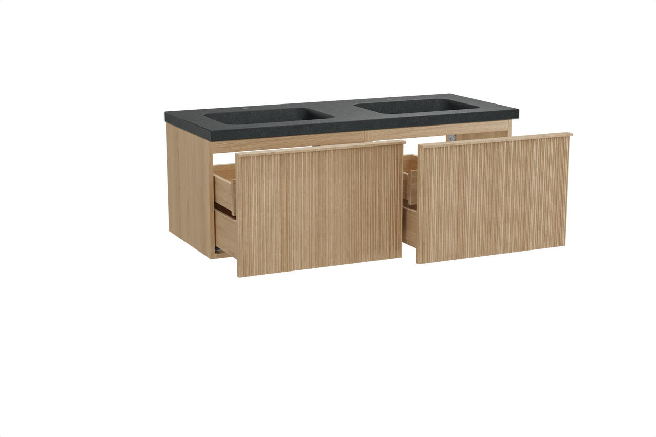 Balmani Forma zwevend badkamermeubel 135 x 55 cm natuur eik met Napoli dubbele wastafel in graniet zwart, Verticale asymmetrische ronde ribbel