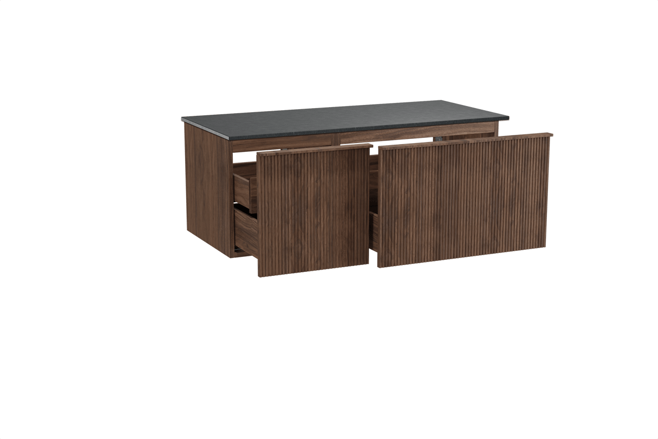 Balmani Forma zwevend badkamermeubel 120 x 55 cm amerikaanse notelaar met Stretto enkel tablet in graniet zwart, Verticale symmetrische rechte ribbel