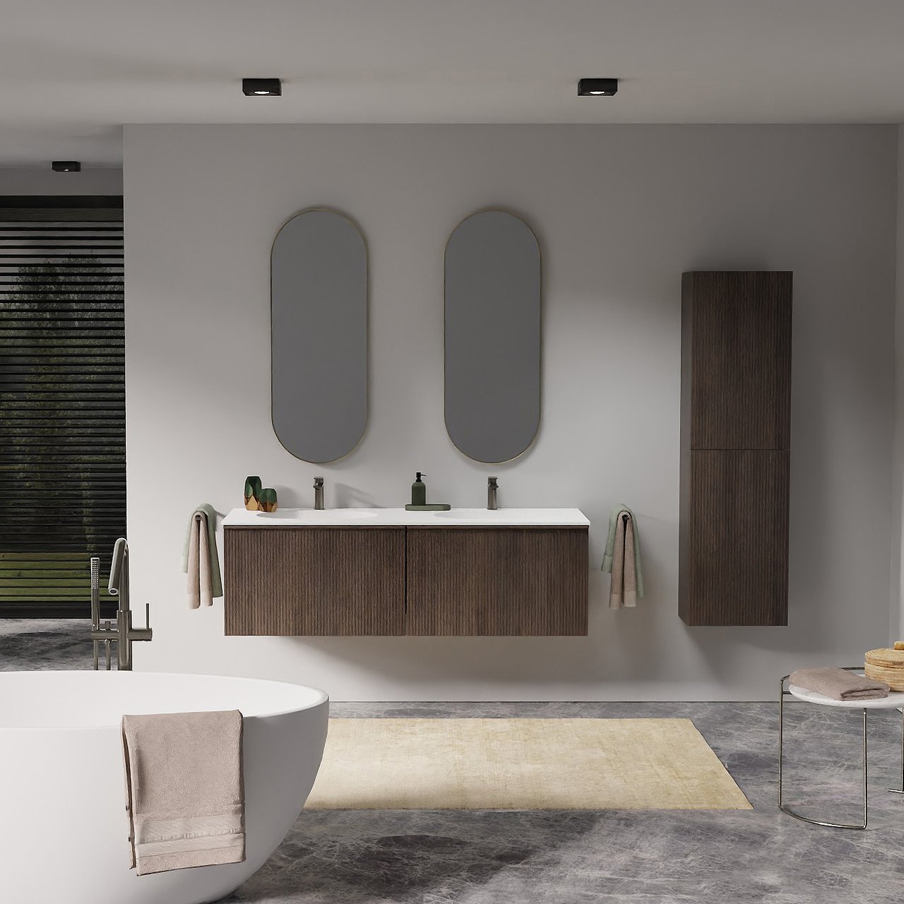 Balmani Forma zwevend badkamermeubel 150 x 55 cm gerookte eik met Tablo Oval dubbele wastafel in solid surface mat wit, Verticale symmetrische rechte ribbel