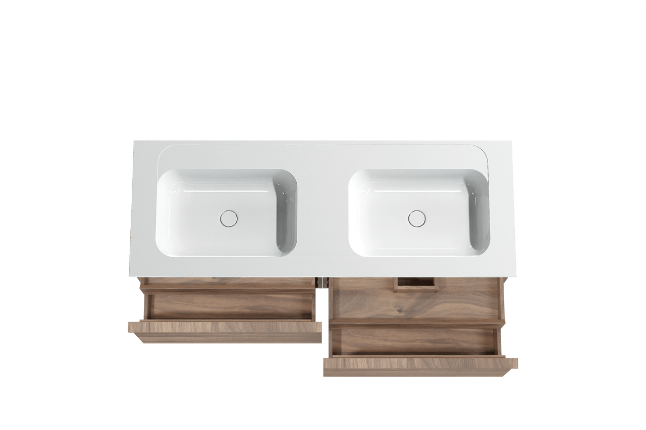 Balmani Forma meuble salle de bains suspendu 150 x 55 cm noyer américain avec Tablo Strada double vasque en marbre composite blanc brillant, Nervure droite symétrique horizontale
