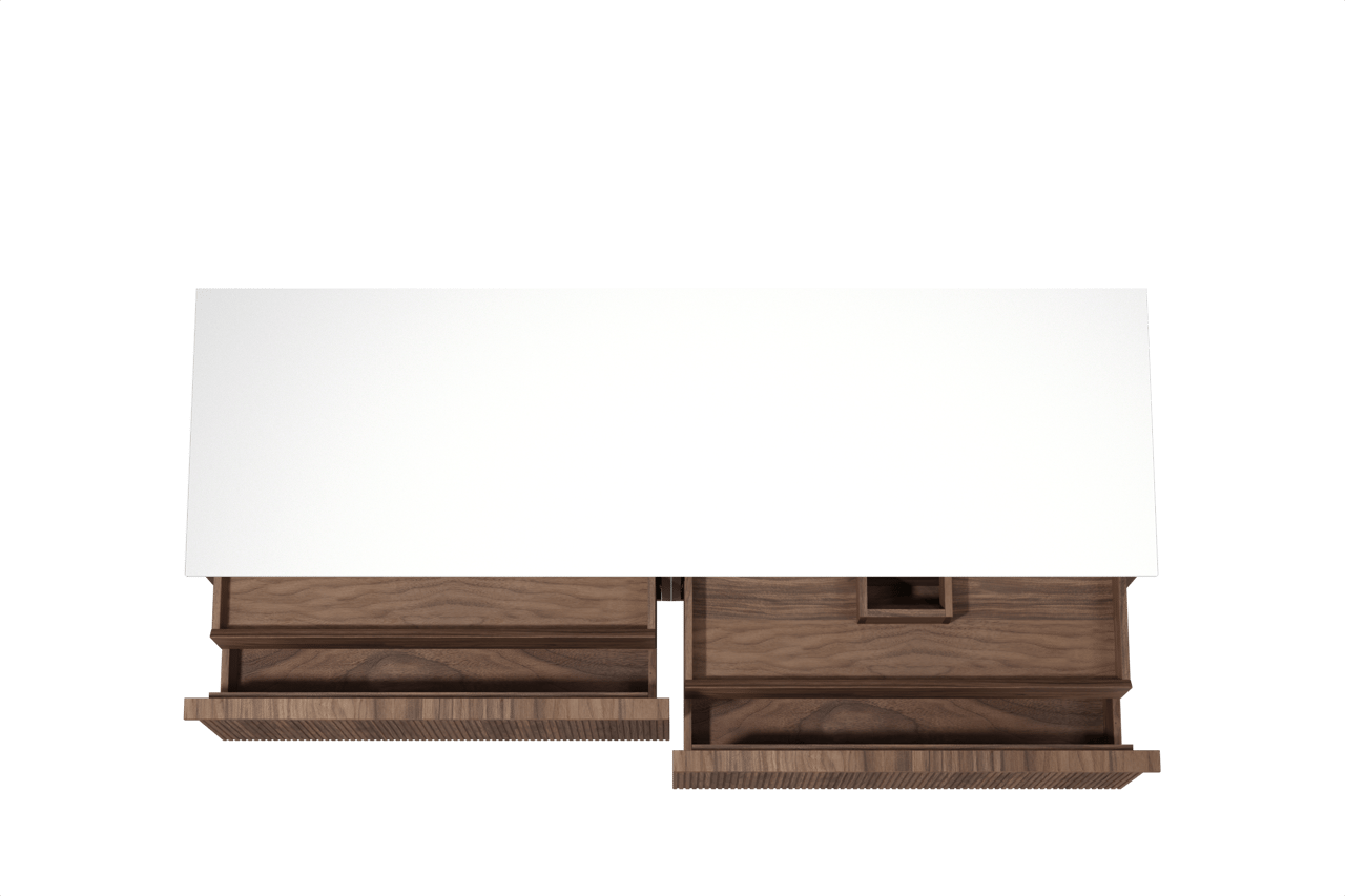 Balmani Forma meuble salle de bains suspendu 180 x 55 cm noyer américain avec Stretto tablette simple ou double en solid surface blanc mat, Nervure droite symétrique verticale